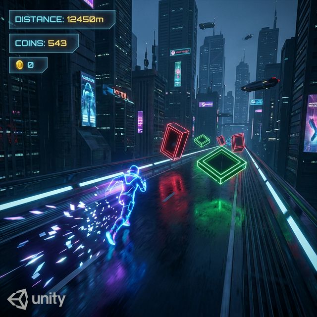 Endless Runner game screenshot — cyberpunk neon city